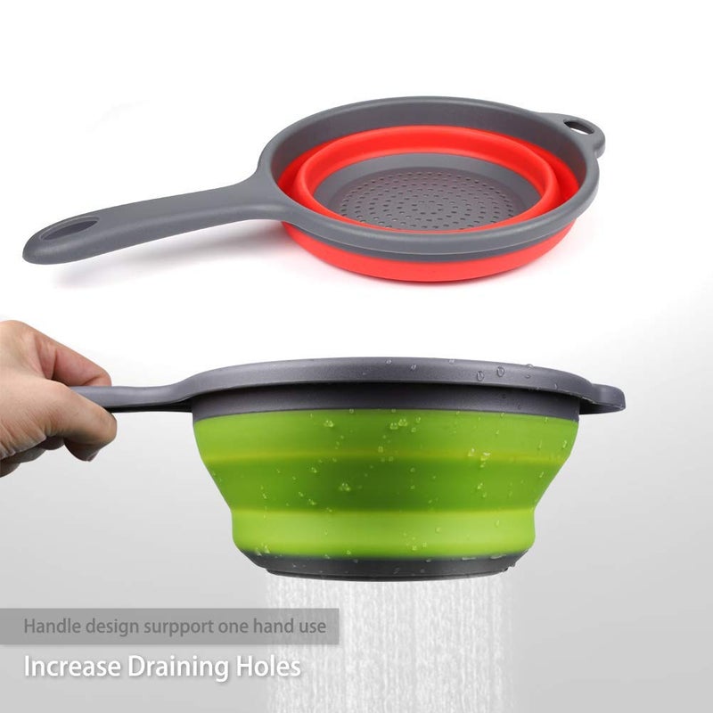 ddLUCK 2 Pack Kitchen Foldable Silicone Strainer Colanders, Collapsible Colanders with Handles, Space-Saver Folding Strainer Colander for Draining Pasta, Vegetable (Green and Red) - Image 2